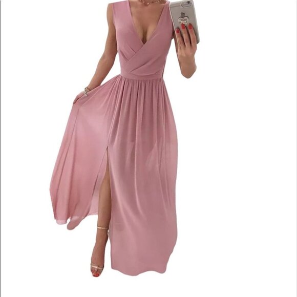 New V-Neck Sleeveless Blush Pink Summer Slit Dress Size M - Picture 1 of 6